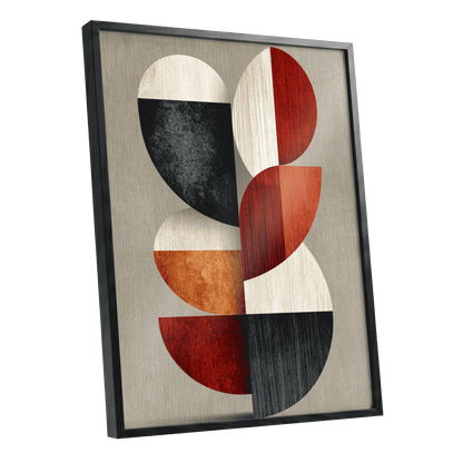 Rhythms in Form, red, orange, black abstract wall art shown as a black framed poster wall art print
