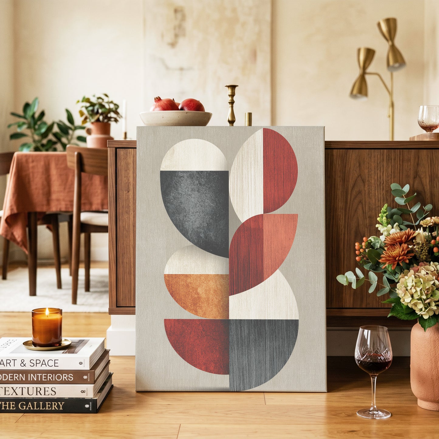 Rhythms in Form, red, orange, black abstract wall art on canvas displayed in a styled interior, gallery view 2