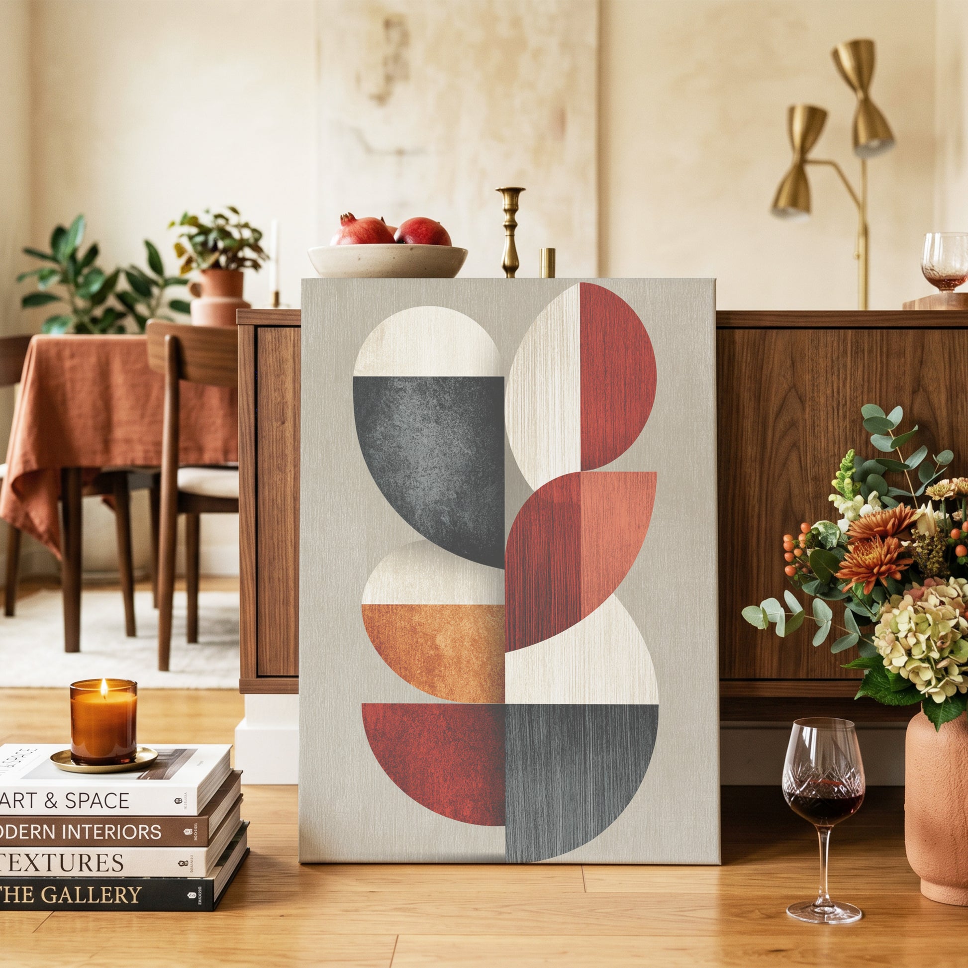 Rhythms in Form, red, orange, black abstract wall art on canvas displayed in a styled interior, gallery view 2