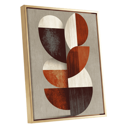 Rhythms in Form, red, orange, black abstract wall art shown as a gold framed canvas wall art