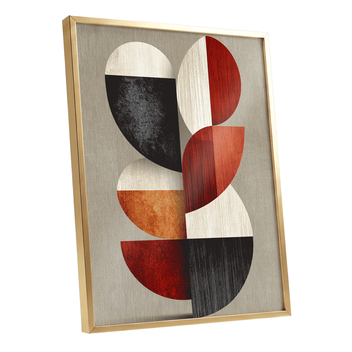 Rhythms in Form, red, orange, black abstract wall art shown as a gold framed poster wall art print