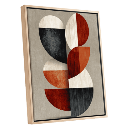 Rhythms in Form, red, orange, black abstract wall art shown as a oak framed canvas wall art