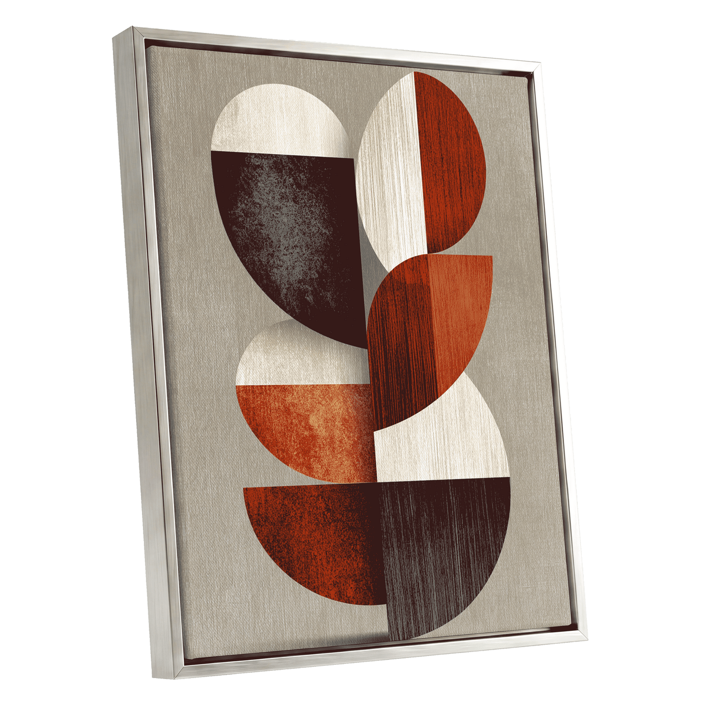 Rhythms in Form, red, orange, black abstract wall art shown as a silver framed canvas wall art