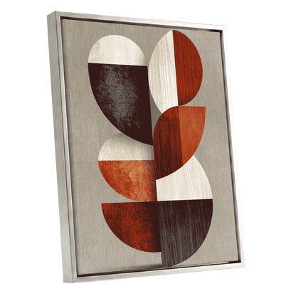 Rhythms in Form, red, orange, black abstract wall art shown as a silver framed canvas wall art