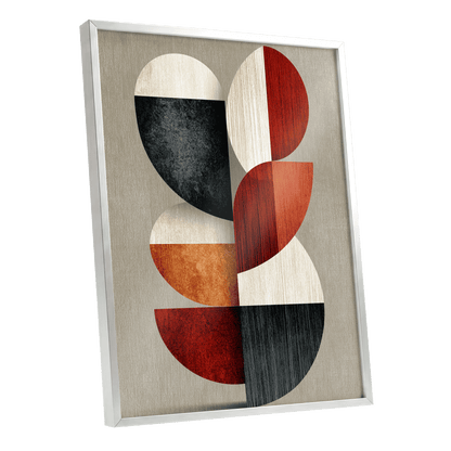 Rhythms in Form, red, orange, black abstract wall art shown as a silver framed poster wall art print