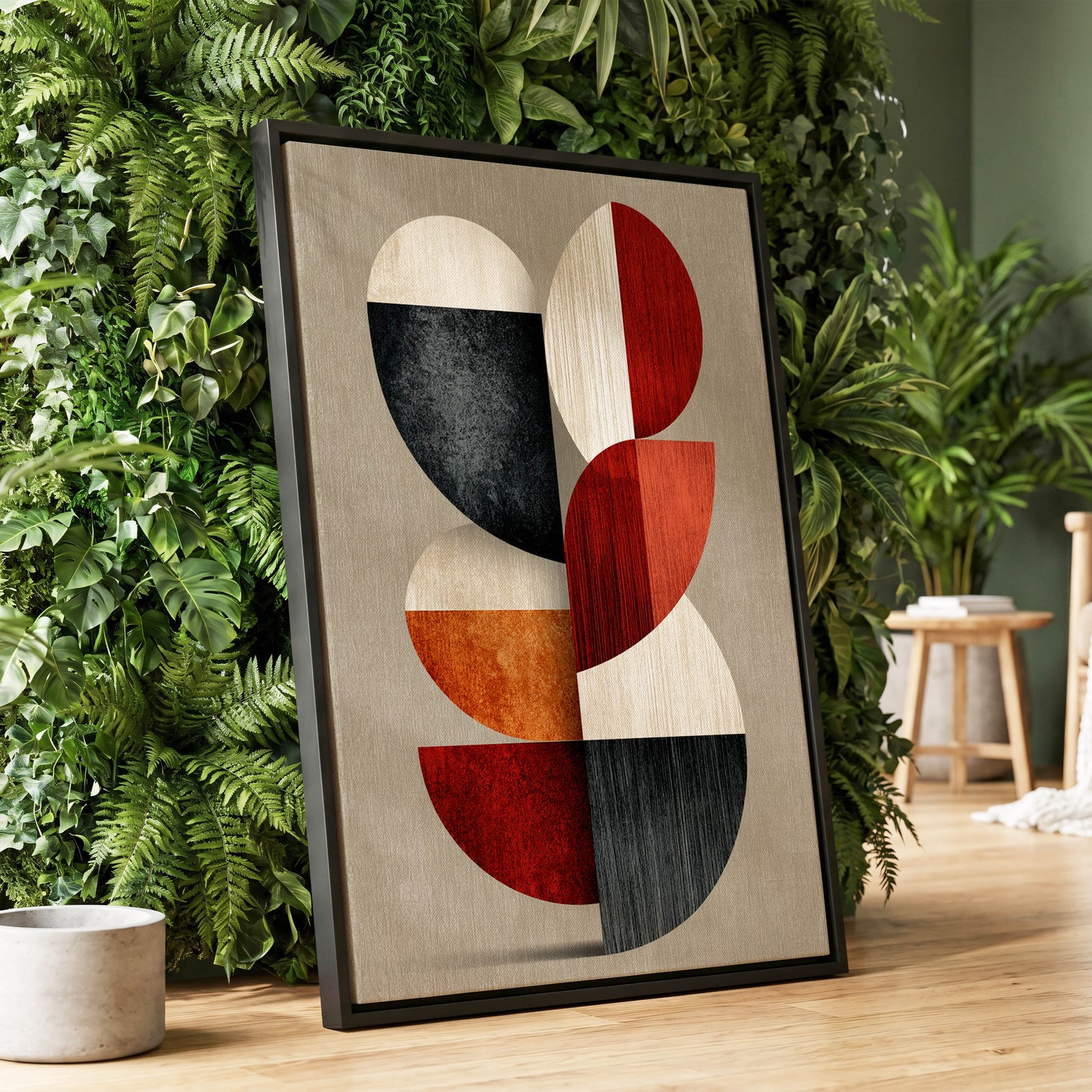 Rhythms in Form, red, orange, black abstract wall art displayed in a styled interior, gallery view 1