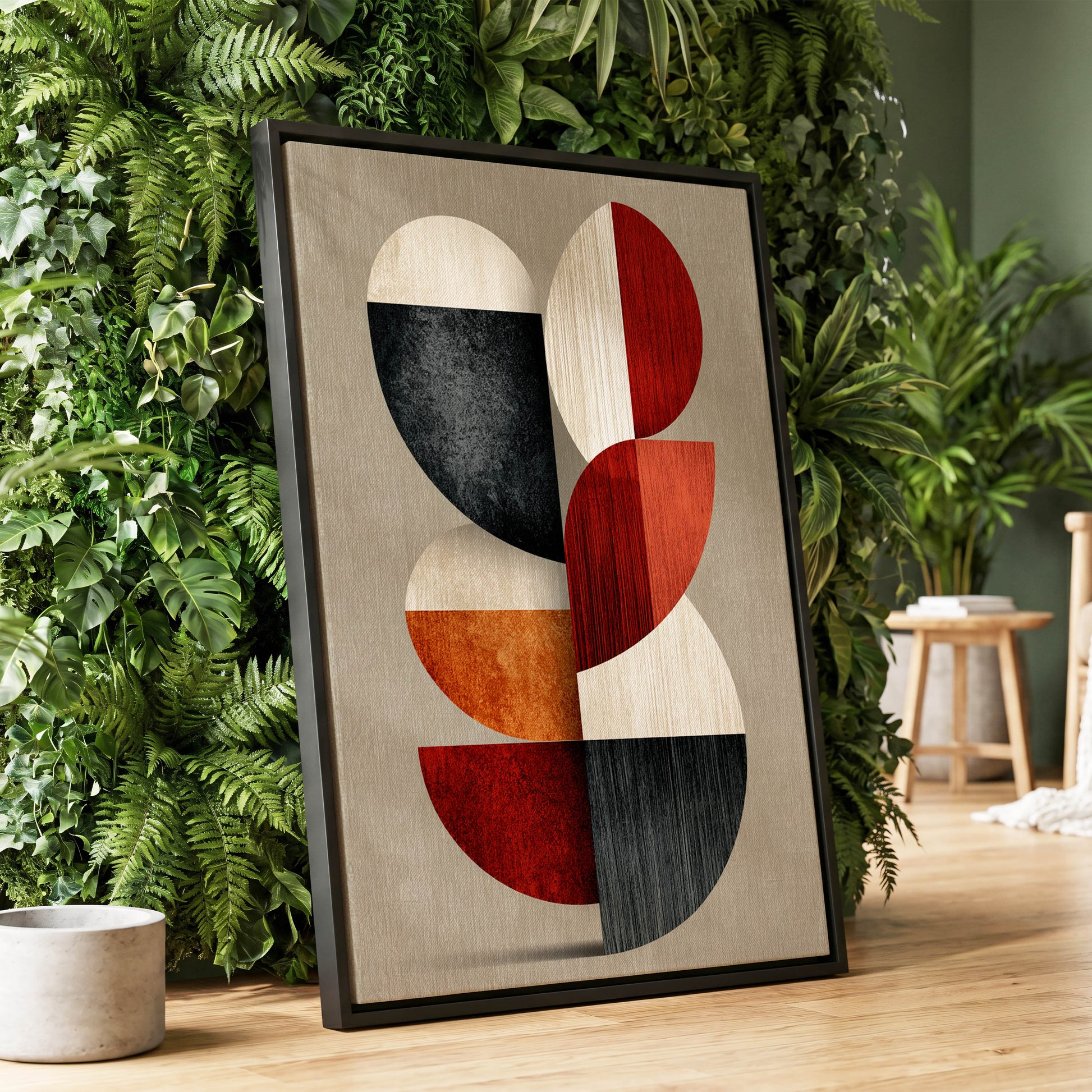 Rhythms in Form, red, orange, black abstract wall art displayed in a styled interior, gallery view 1