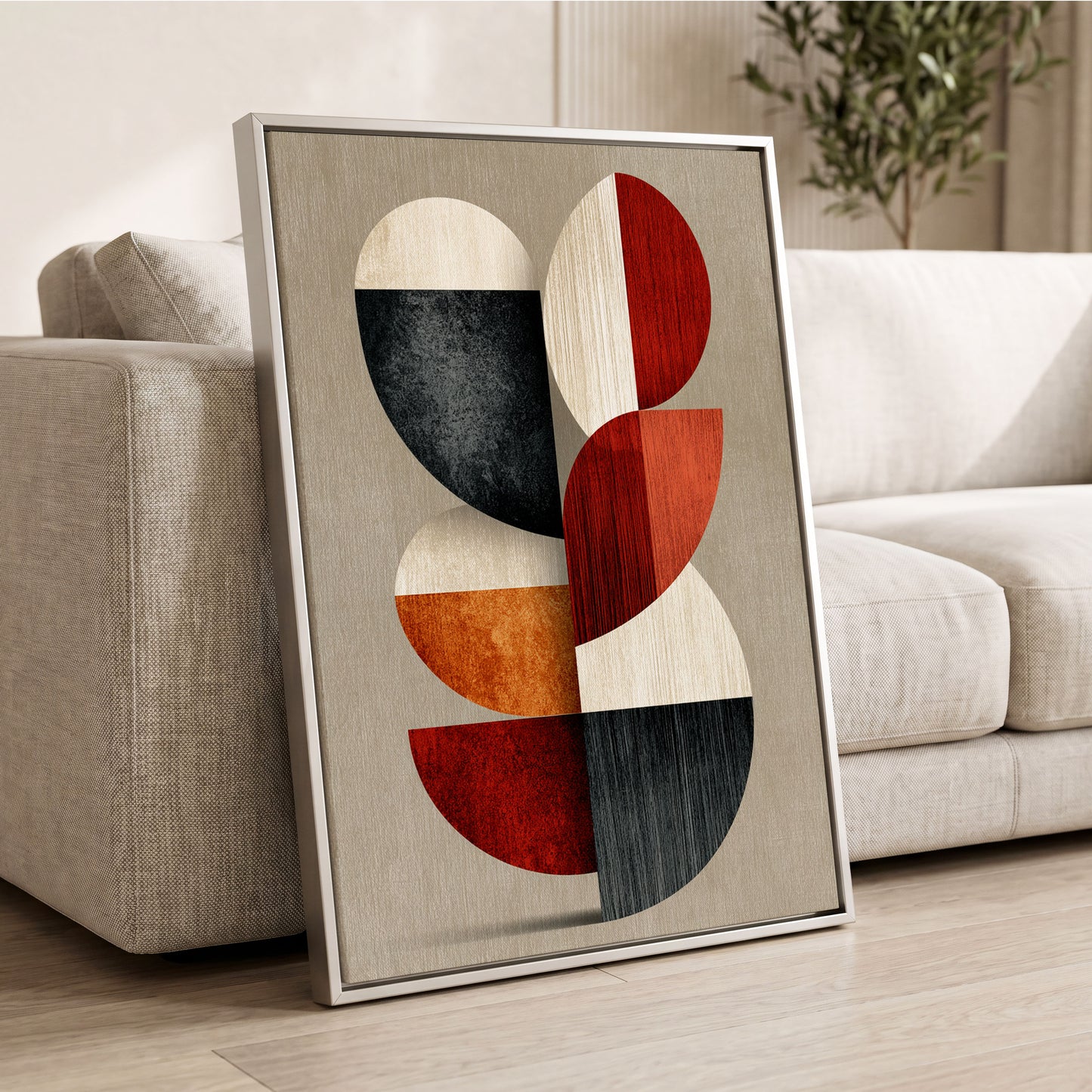 Rhythms in Form, red, orange, black abstract wall art displayed in a styled interior, gallery view 2