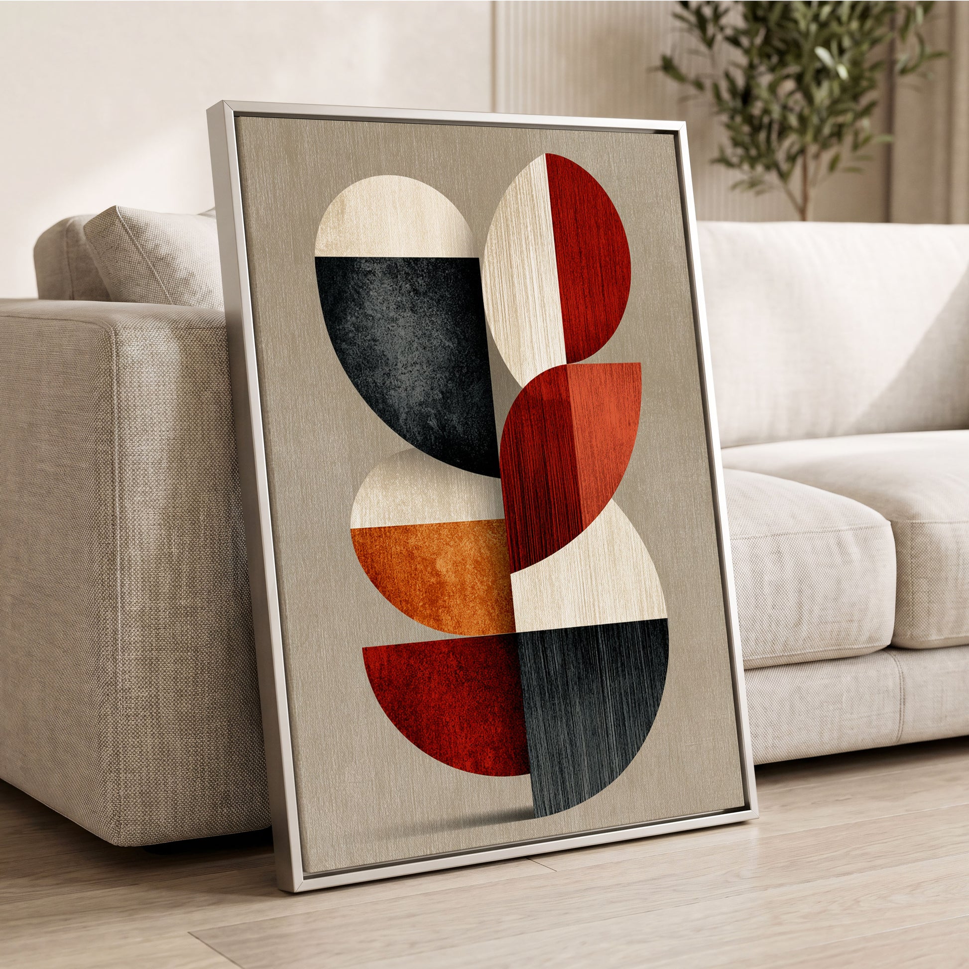 Rhythms in Form, red, orange, black abstract wall art displayed in a styled interior, gallery view 2