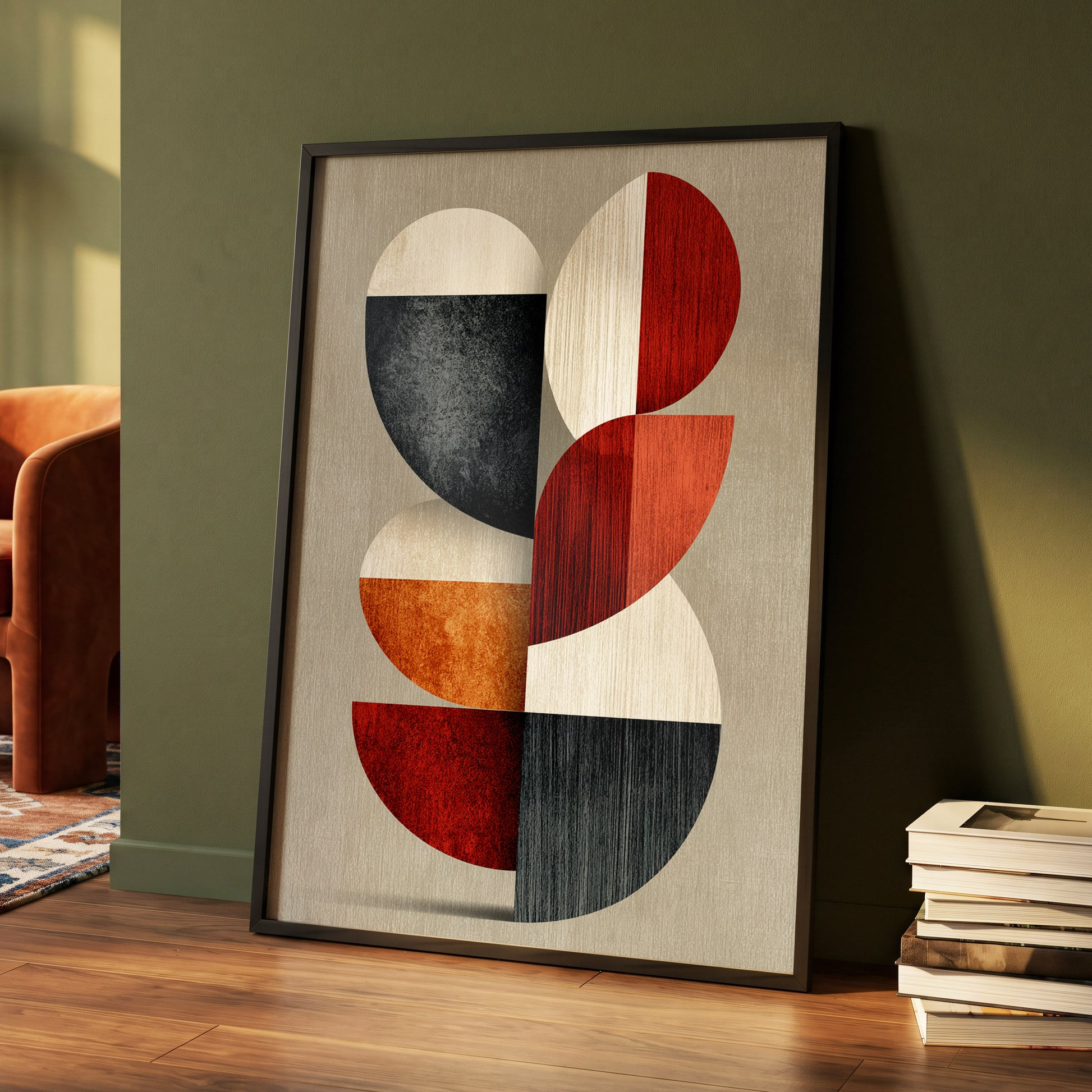 Rhythms in Form, red, orange, black abstract wall art displayed in a styled interior, gallery view 4