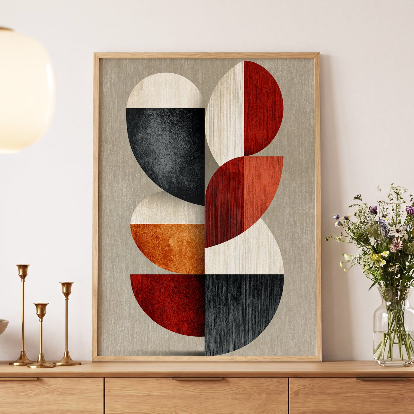 Rhythms in Form, red, orange, black abstract wall art displayed in a styled interior, gallery view 5