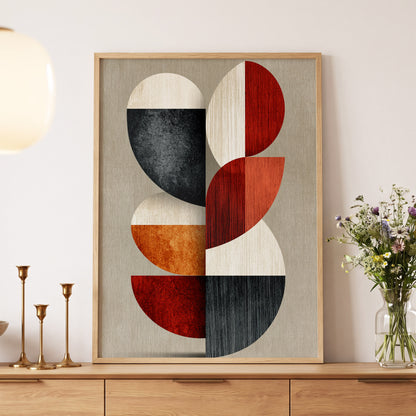Rhythms in Form, red, orange, black abstract wall art displayed in a styled interior, gallery view 5