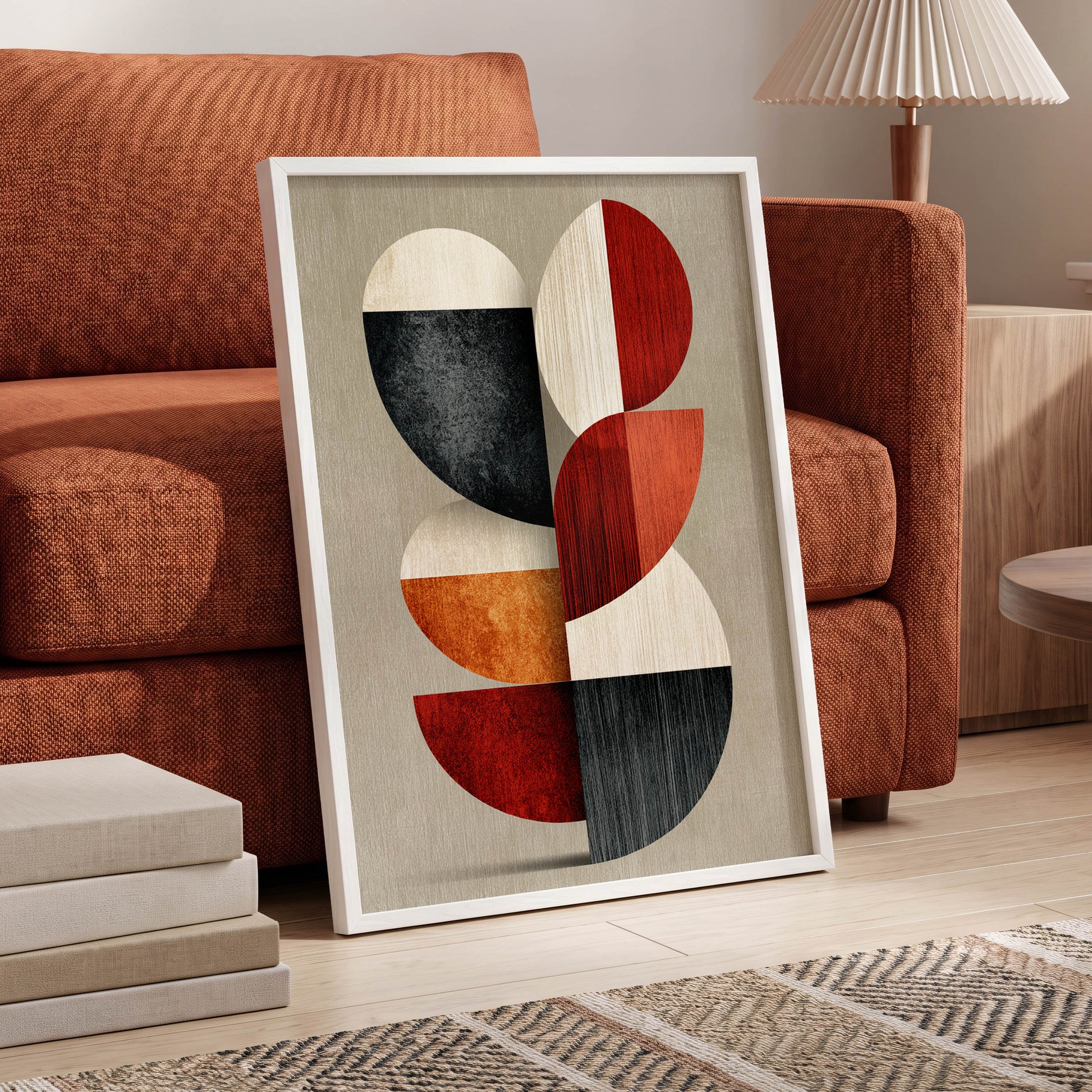 Rhythms in Form, red, orange, black abstract wall art displayed in a styled interior, gallery view 6