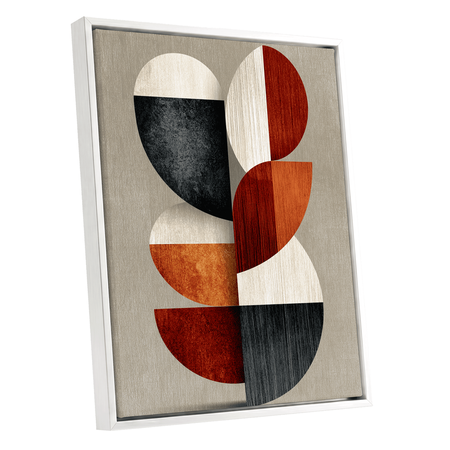 Rhythms in Form, red, orange, black abstract wall art shown as a white framed canvas wall art