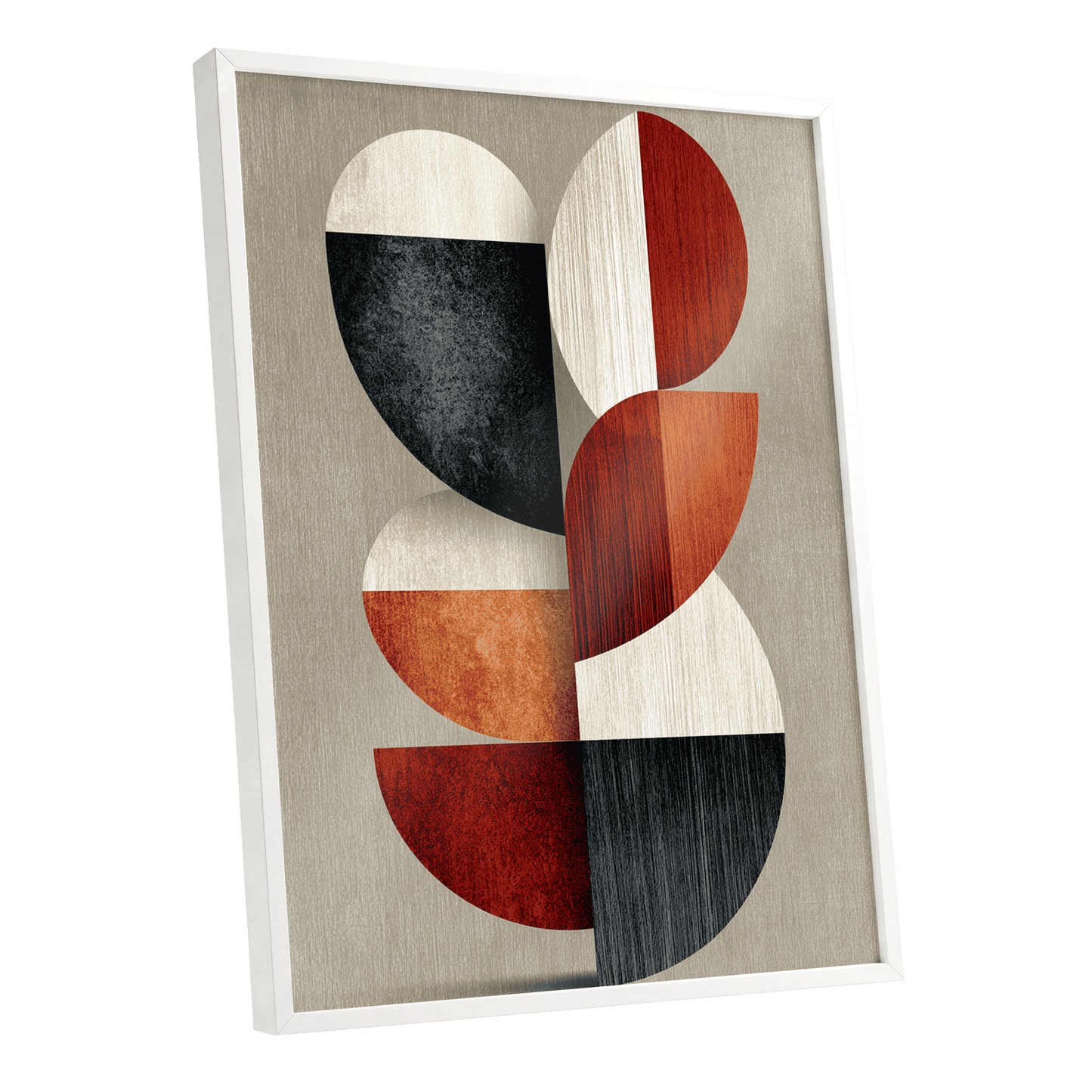 Rhythms in Form, red, orange, black abstract wall art shown as a white framed poster wall art print