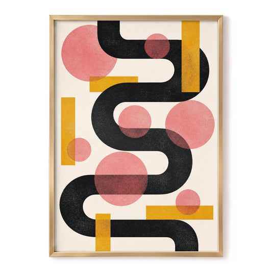 Ribbon and Rose, black, pink, beige abstract wall art, front artwork view
