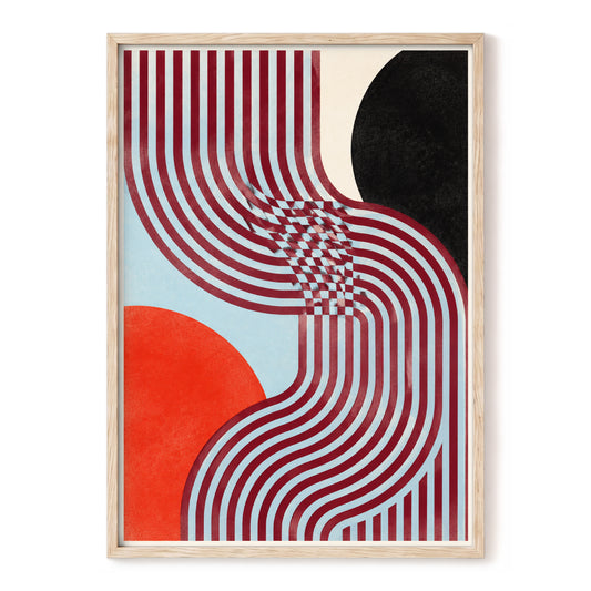 Ribbon Eclipse, red, blue, black abstract wall art, front artwork view