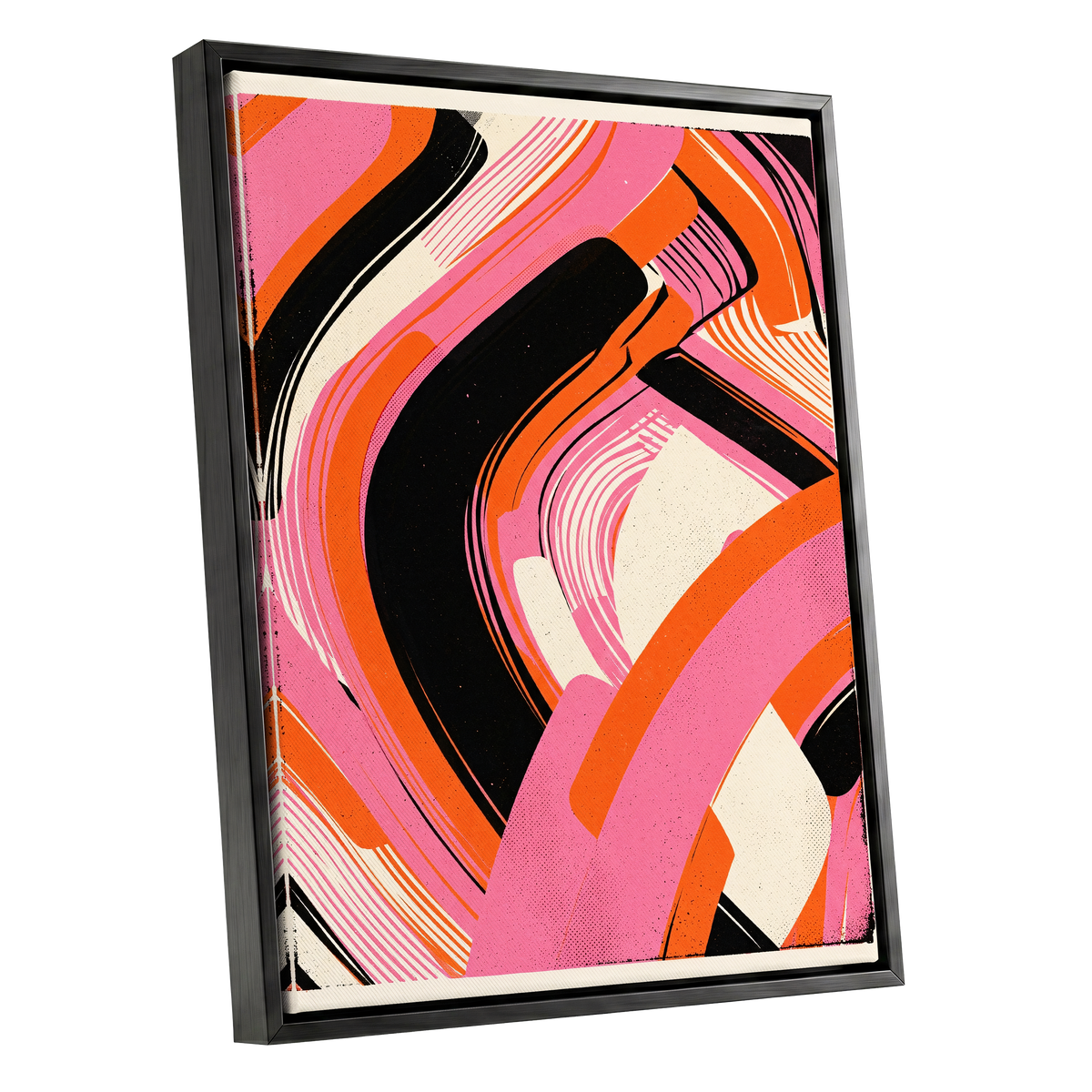 Ribbon Rush, pink, orange, black abstract wall art shown as a black framed canvas wall art