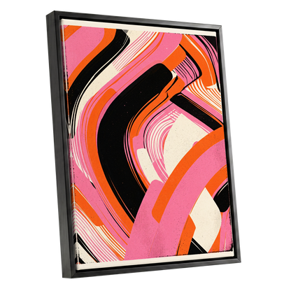 Ribbon Rush, pink, orange, black abstract wall art shown as a black framed canvas wall art