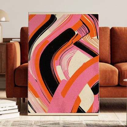 Ribbon Rush, pink, orange, black abstract wall art on canvas displayed in a styled interior, gallery view 1
