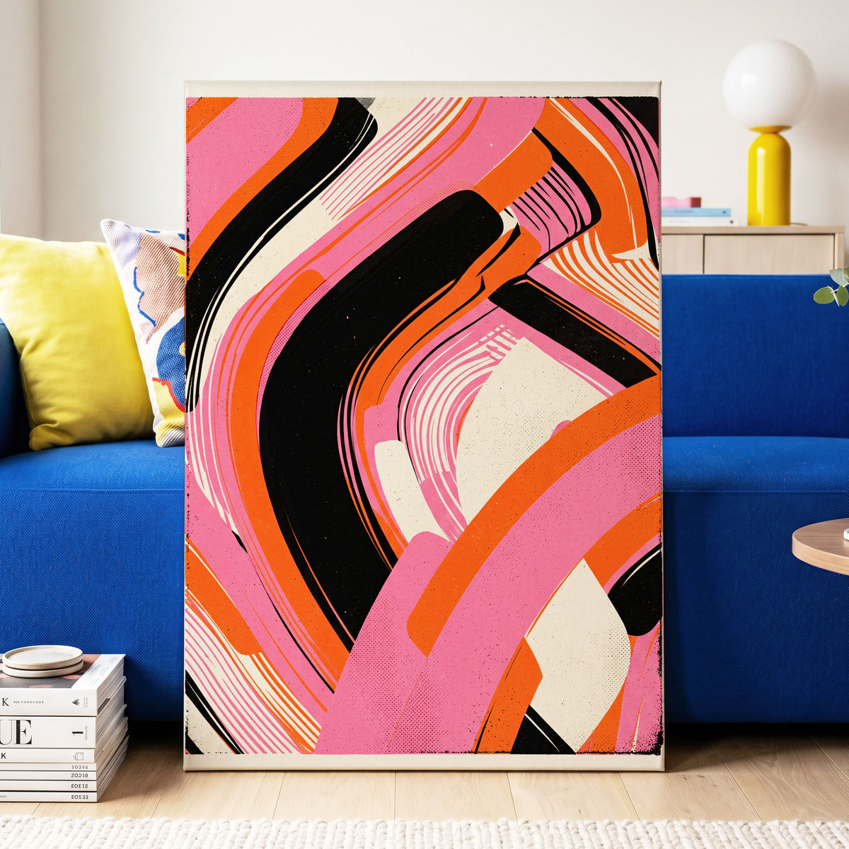 Ribbon Rush, pink, orange, black abstract wall art on canvas displayed in a styled interior, gallery view 2