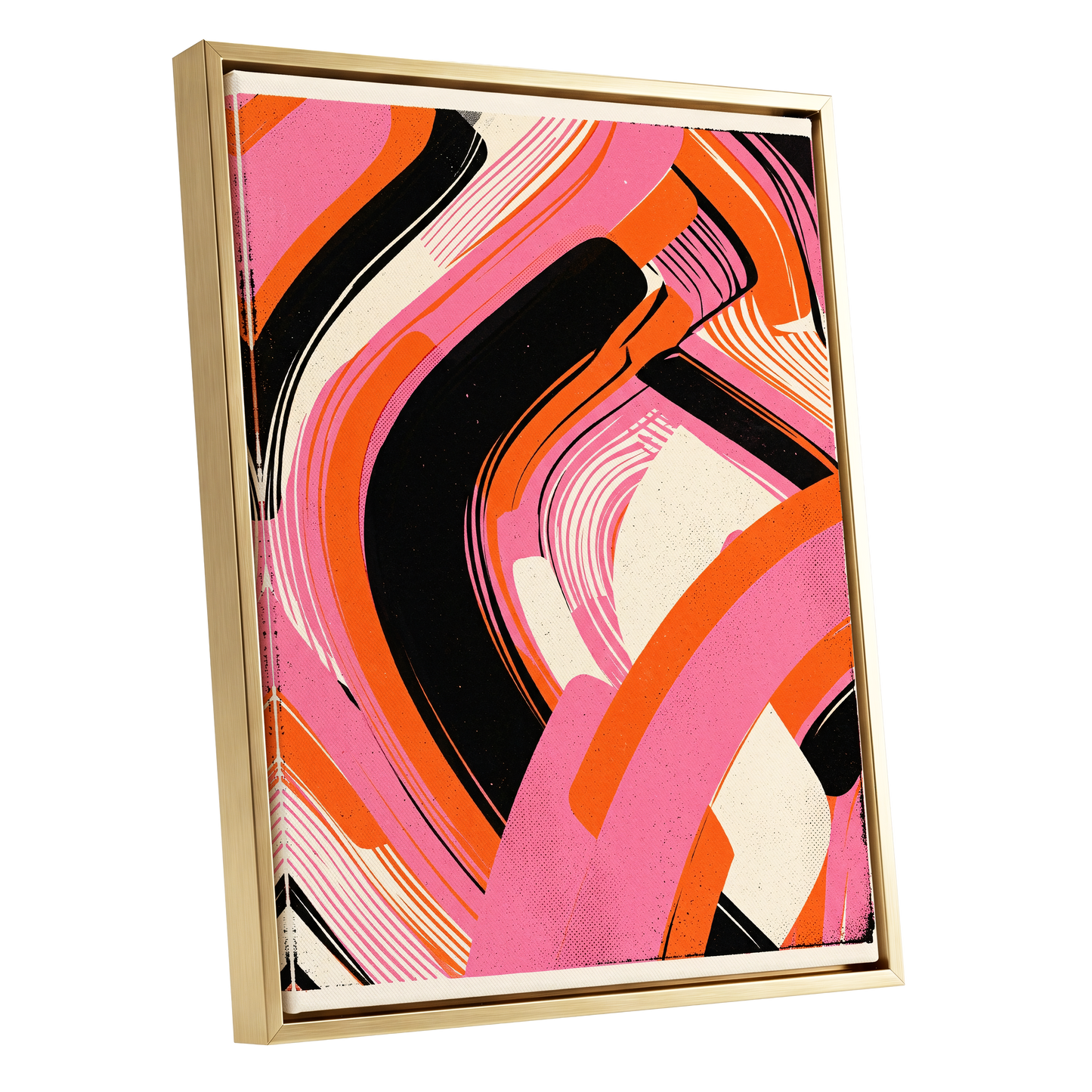 Ribbon Rush, pink, orange, black abstract wall art shown as a gold framed canvas wall art