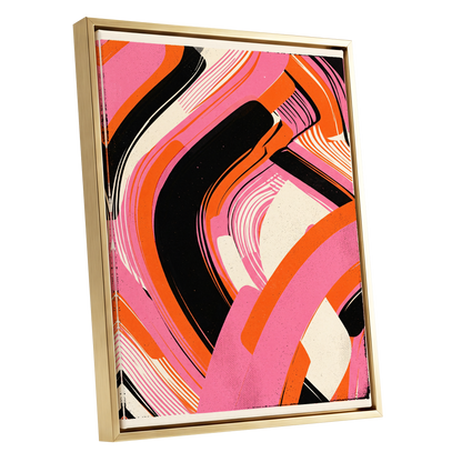 Ribbon Rush, pink, orange, black abstract wall art shown as a gold framed canvas wall art