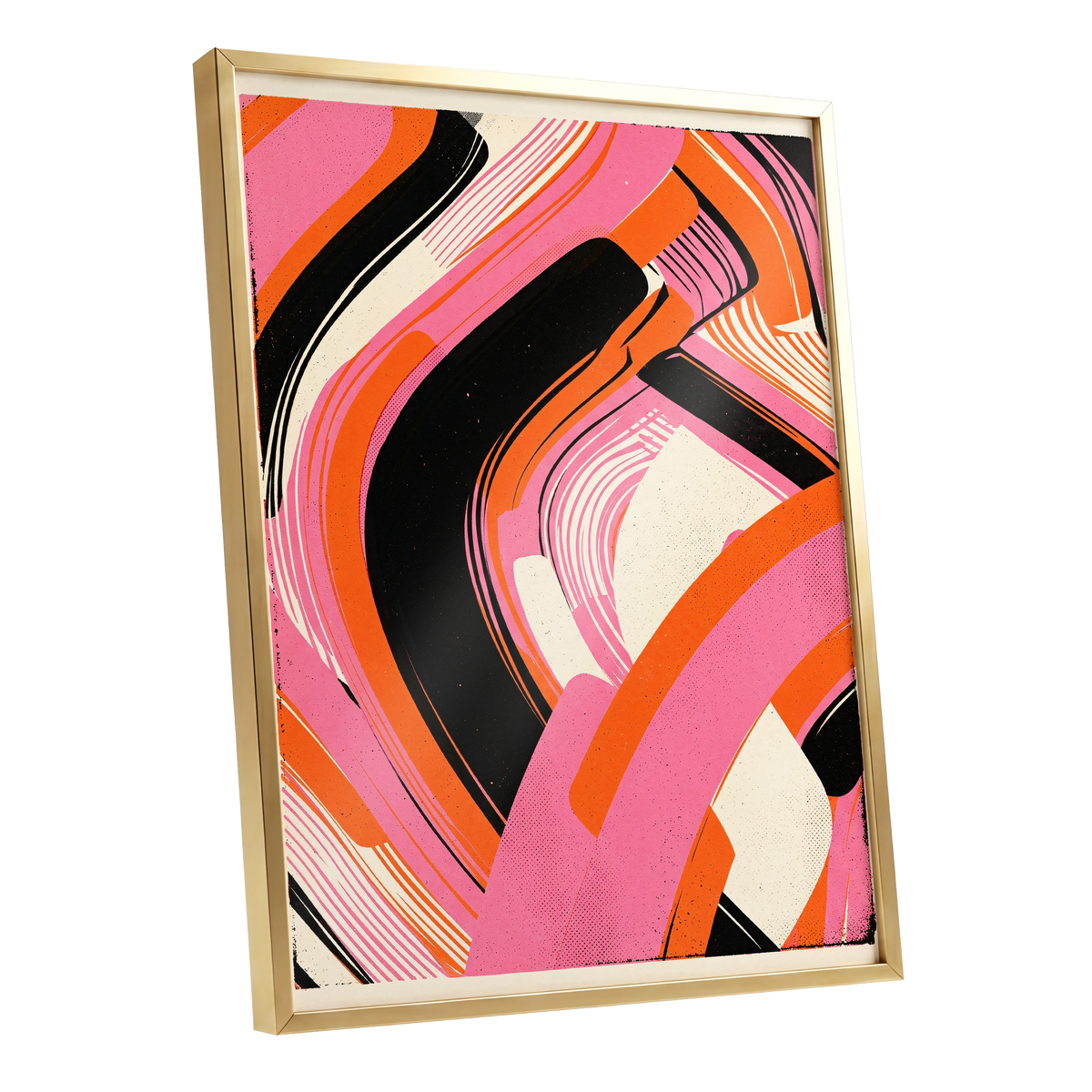 Ribbon Rush, pink, orange, black abstract wall art shown as a gold framed poster wall art print