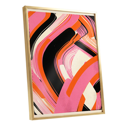 Ribbon Rush, pink, orange, black abstract wall art shown as a gold framed poster wall art print