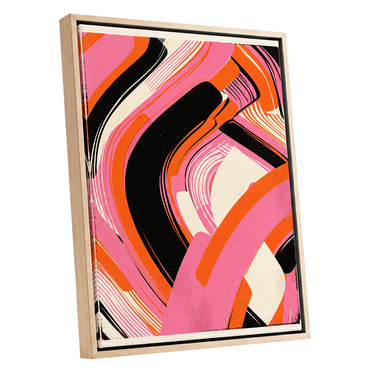 Ribbon Rush, pink, orange, black abstract wall art shown as a oak framed canvas wall art