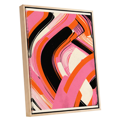 Ribbon Rush, pink, orange, black abstract wall art shown as a oak framed canvas wall art