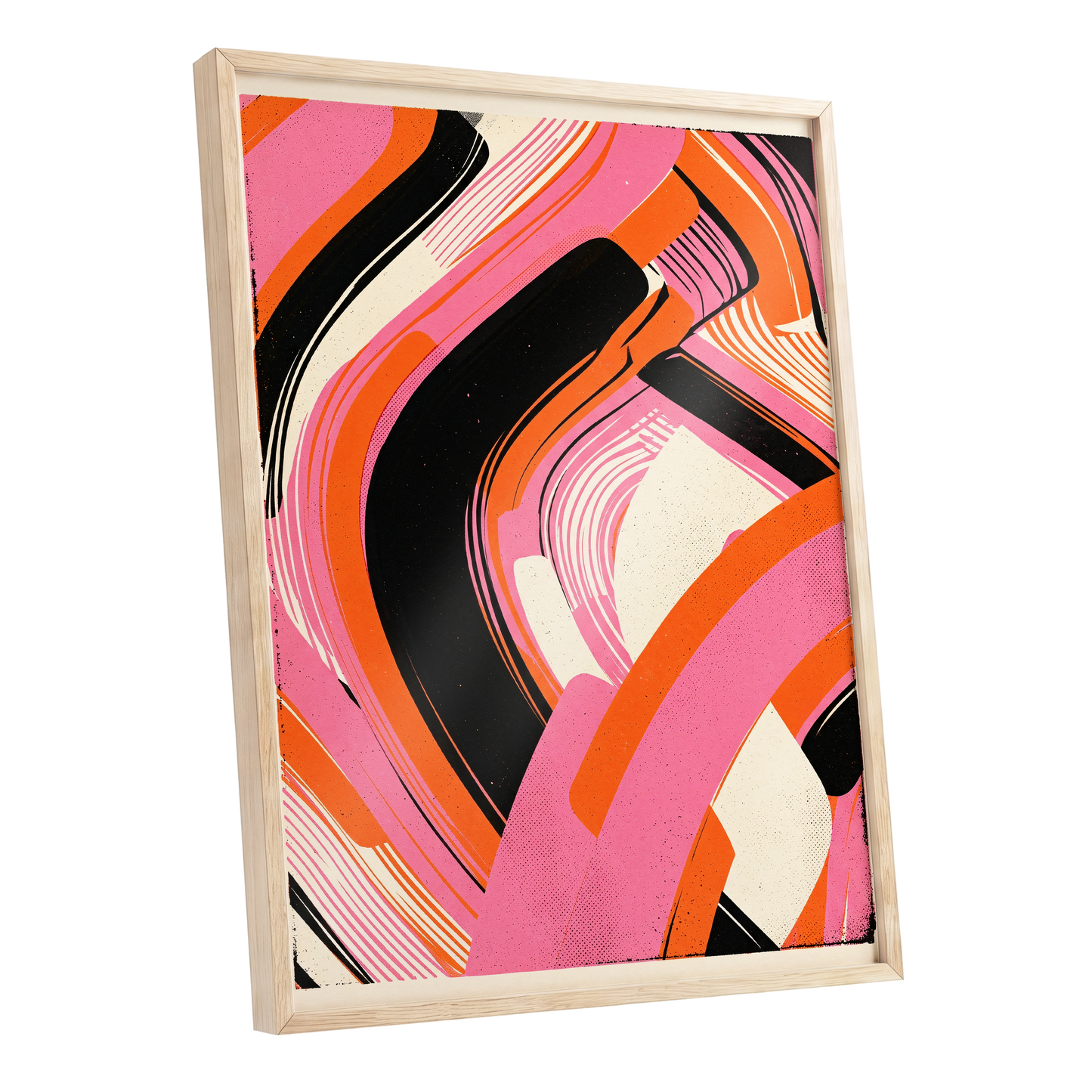 Ribbon Rush, pink, orange, black abstract wall art shown as a oak framed poster wall art print