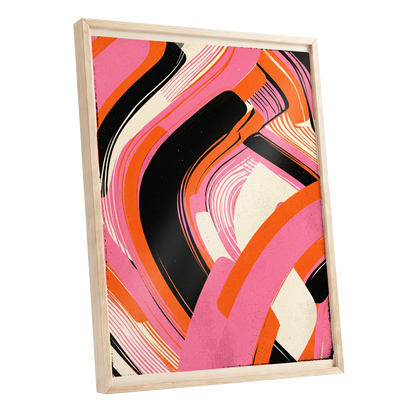 Ribbon Rush, pink, orange, black abstract wall art shown as a oak framed poster wall art print