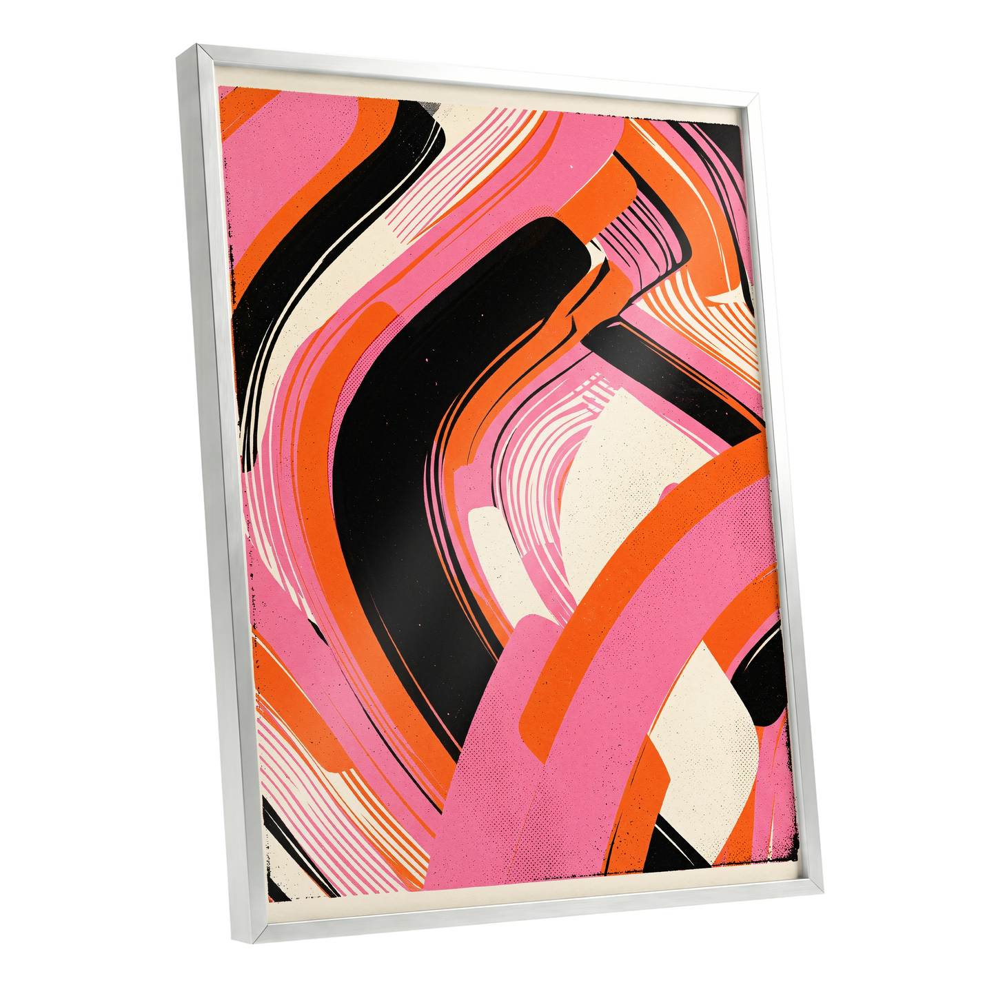 Ribbon Rush, pink, orange, black abstract wall art shown as a silver framed poster wall art print