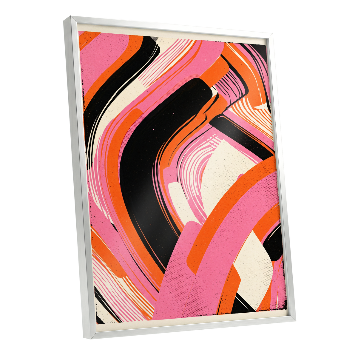 Ribbon Rush, pink, orange, black abstract wall art shown as a silver framed poster wall art print