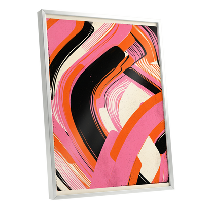 Ribbon Rush, pink, orange, black abstract wall art shown as a silver framed poster wall art print