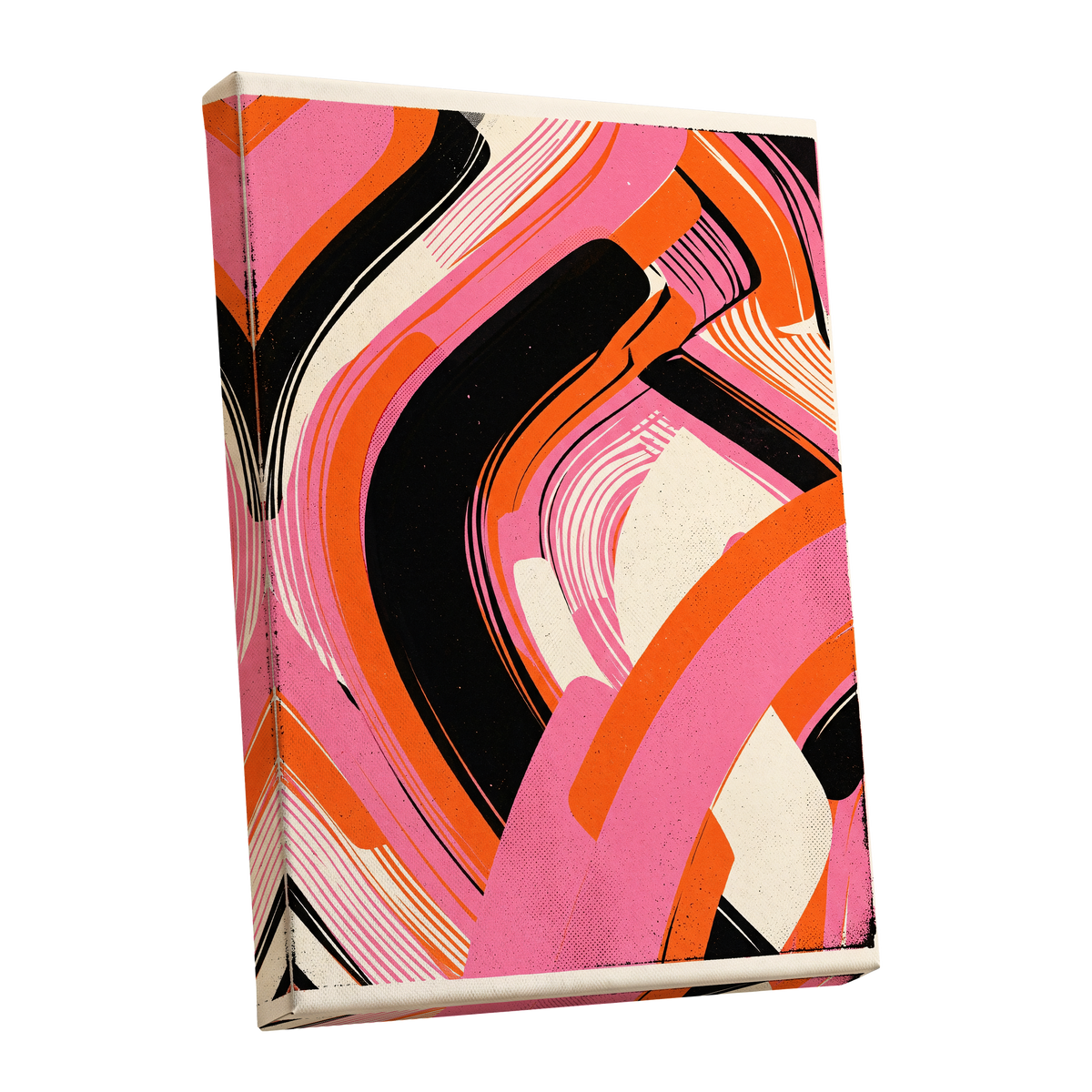 Ribbon Rush, pink, orange, black abstract wall art shown as a stretched canvas wall art