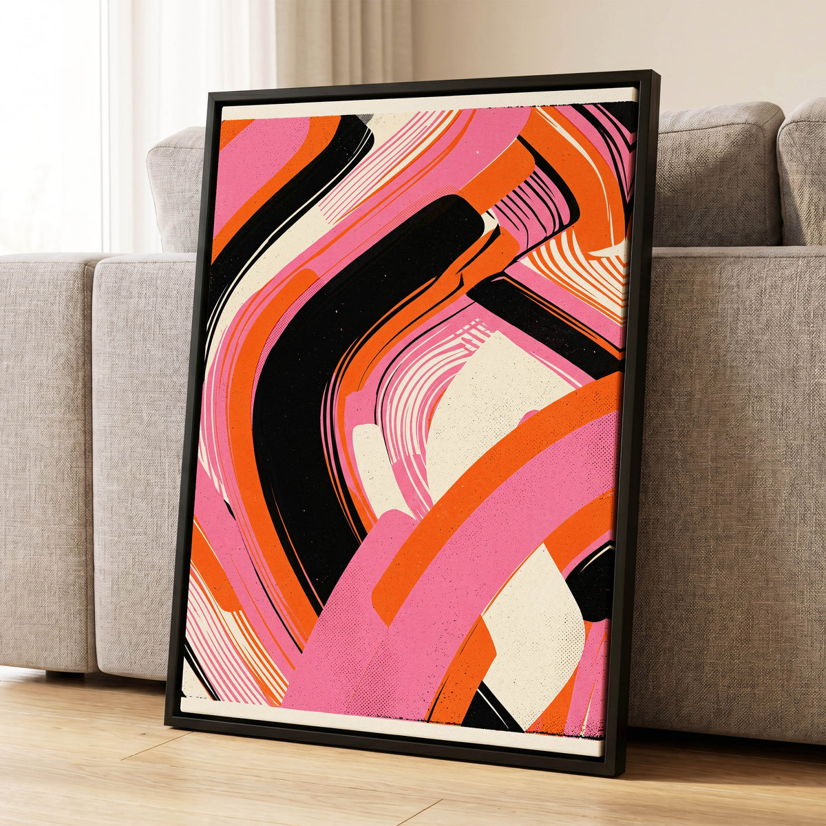Ribbon Rush, pink, orange, black abstract wall art displayed in a styled interior, gallery view 1