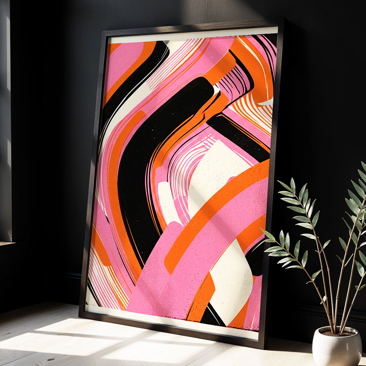 Ribbon Rush, pink, orange, black abstract wall art displayed in a styled interior, gallery view 2