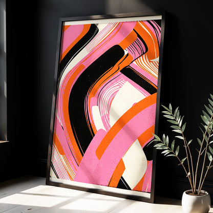 Ribbon Rush, pink, orange, black abstract wall art displayed in a styled interior, gallery view 2