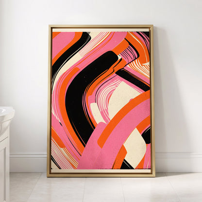 Ribbon Rush, pink, orange, black abstract wall art displayed in a styled interior, gallery view 3
