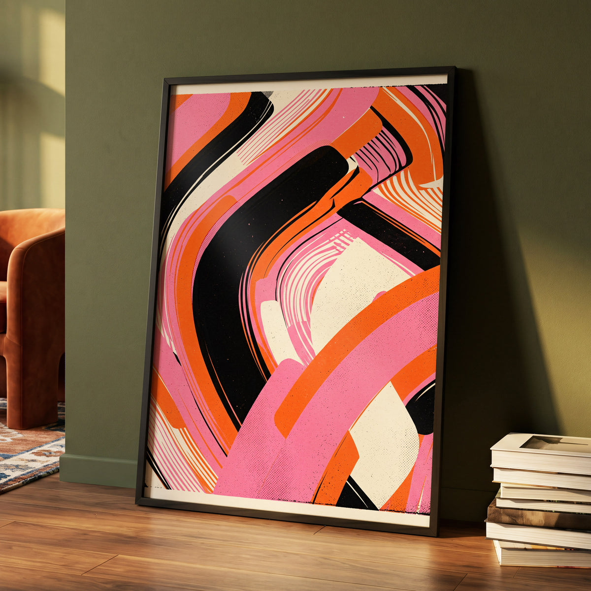 Ribbon Rush, pink, orange, black abstract wall art displayed in a styled interior, gallery view 4