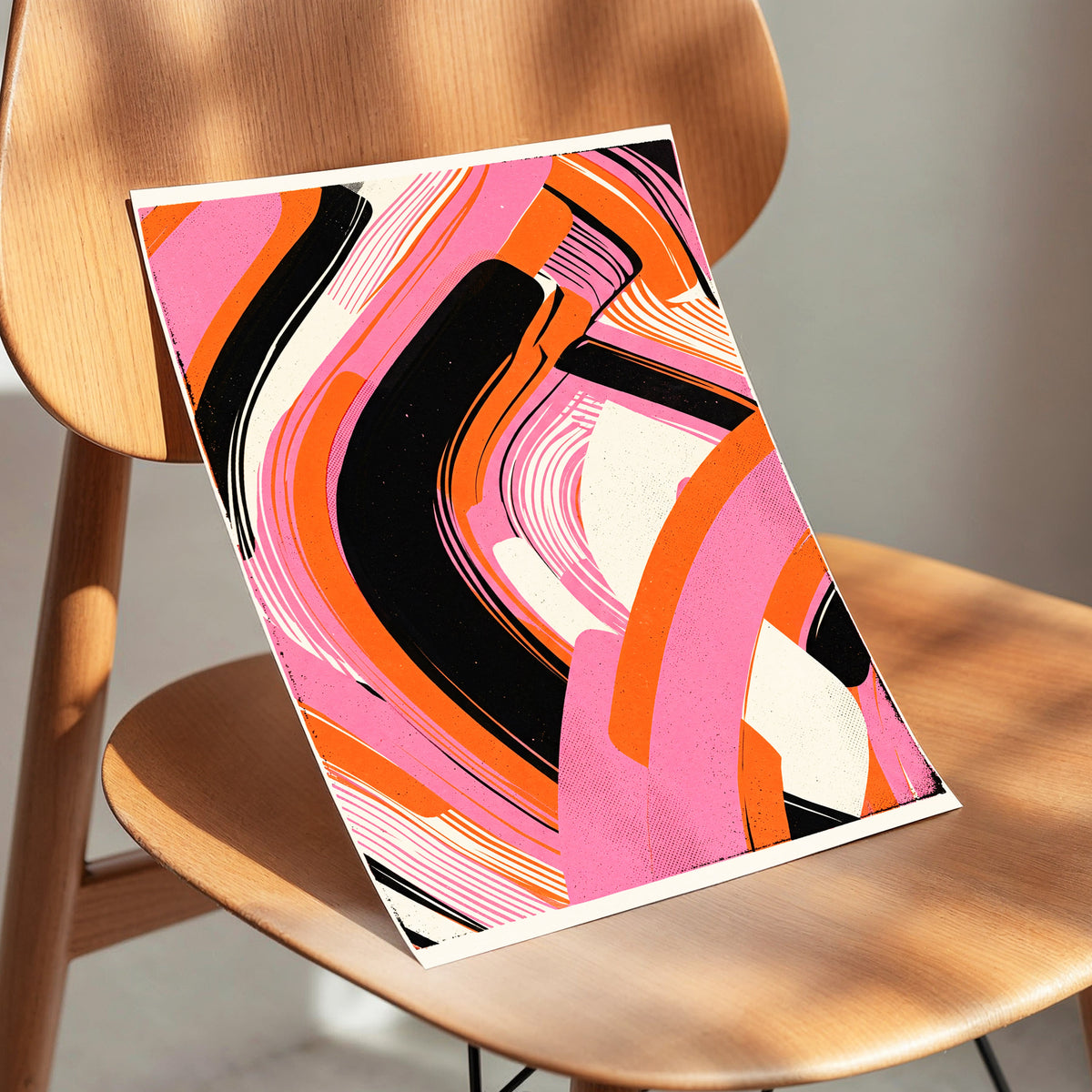 Ribbon Rush, pink, orange, black abstract wall art displayed in a styled interior, gallery view 5