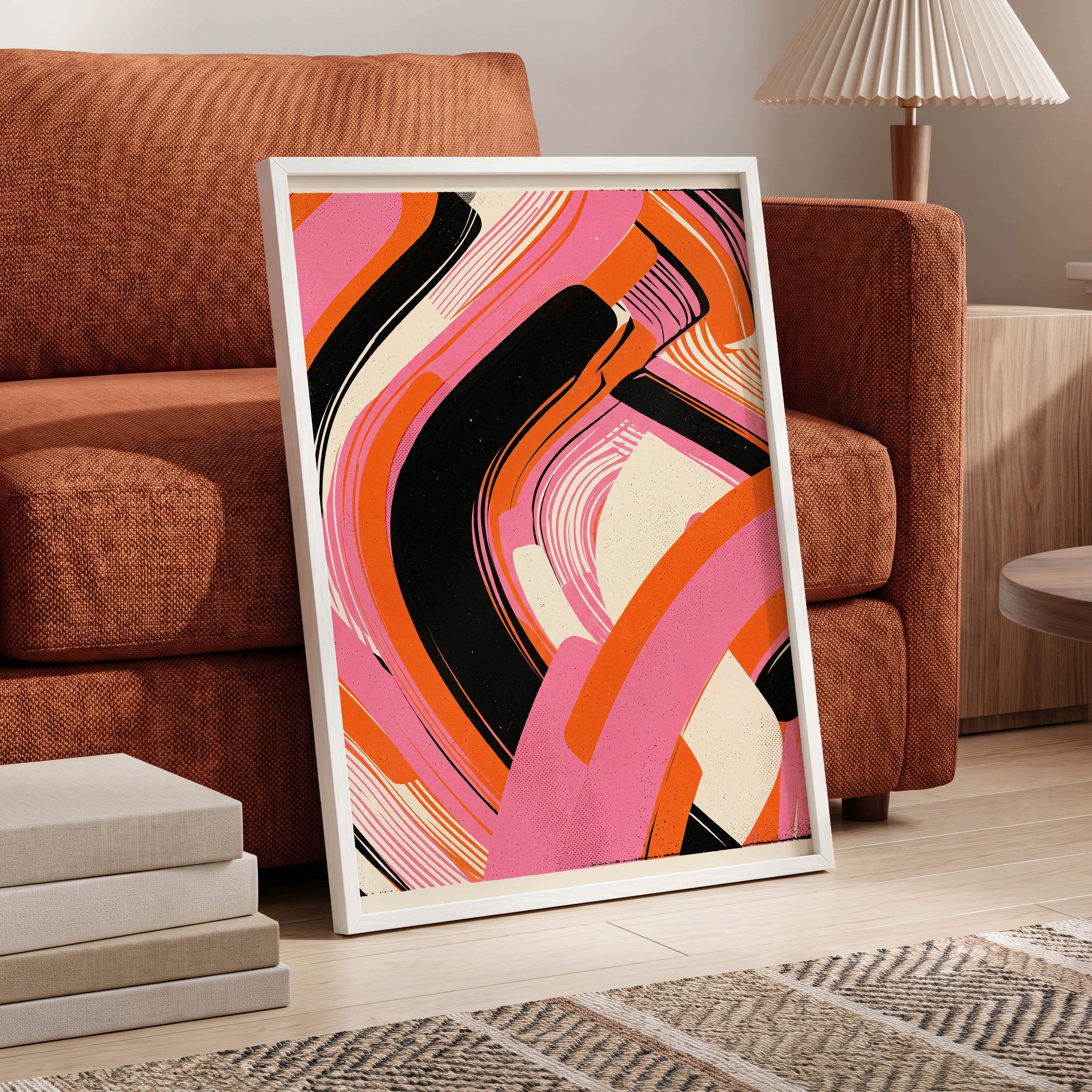 Ribbon Rush, pink, orange, black abstract wall art displayed in a styled interior, gallery view 6