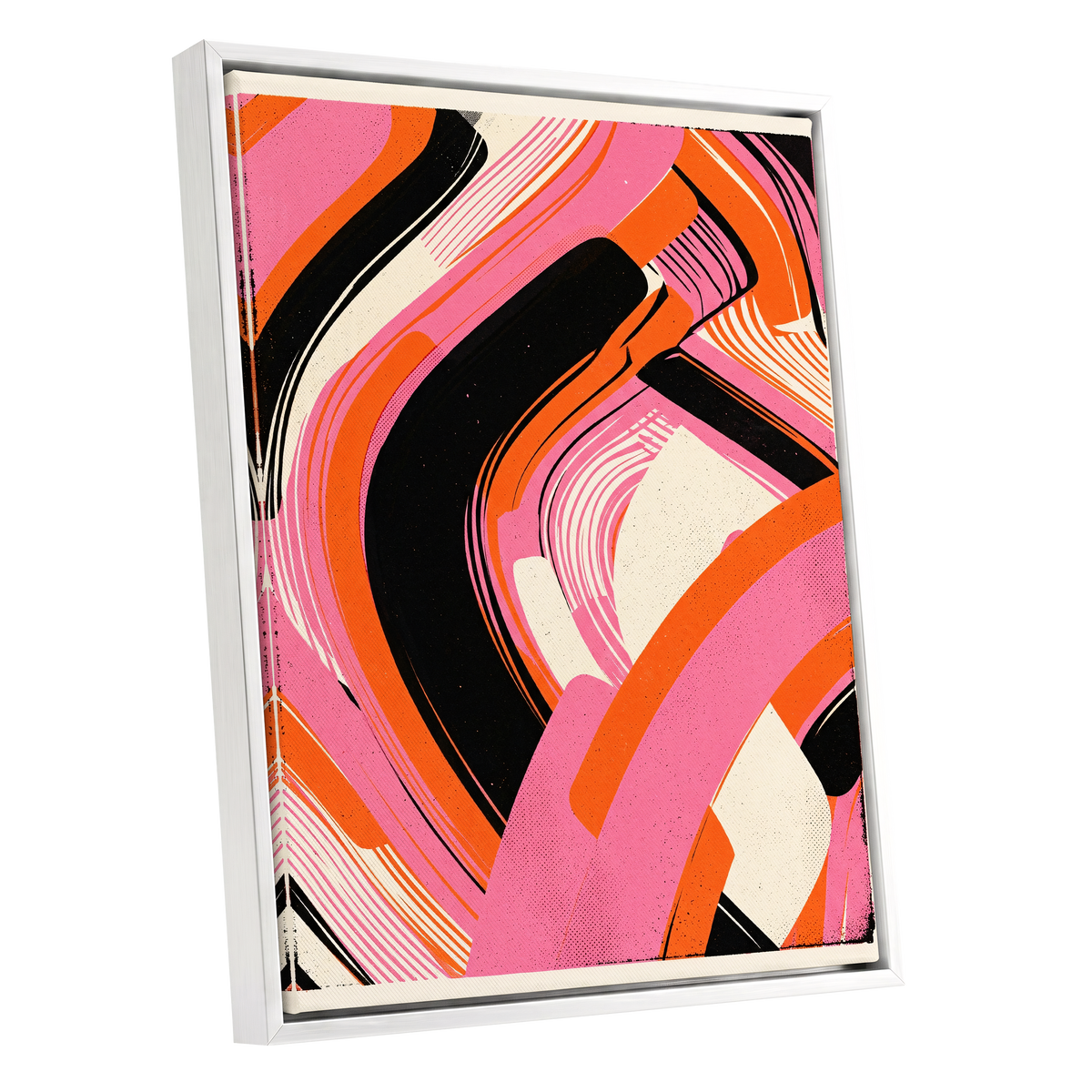 Ribbon Rush, pink, orange, black abstract wall art shown as a white framed canvas wall art