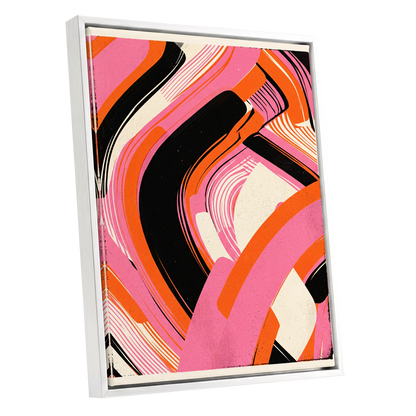 Ribbon Rush, pink, orange, black abstract wall art shown as a white framed canvas wall art