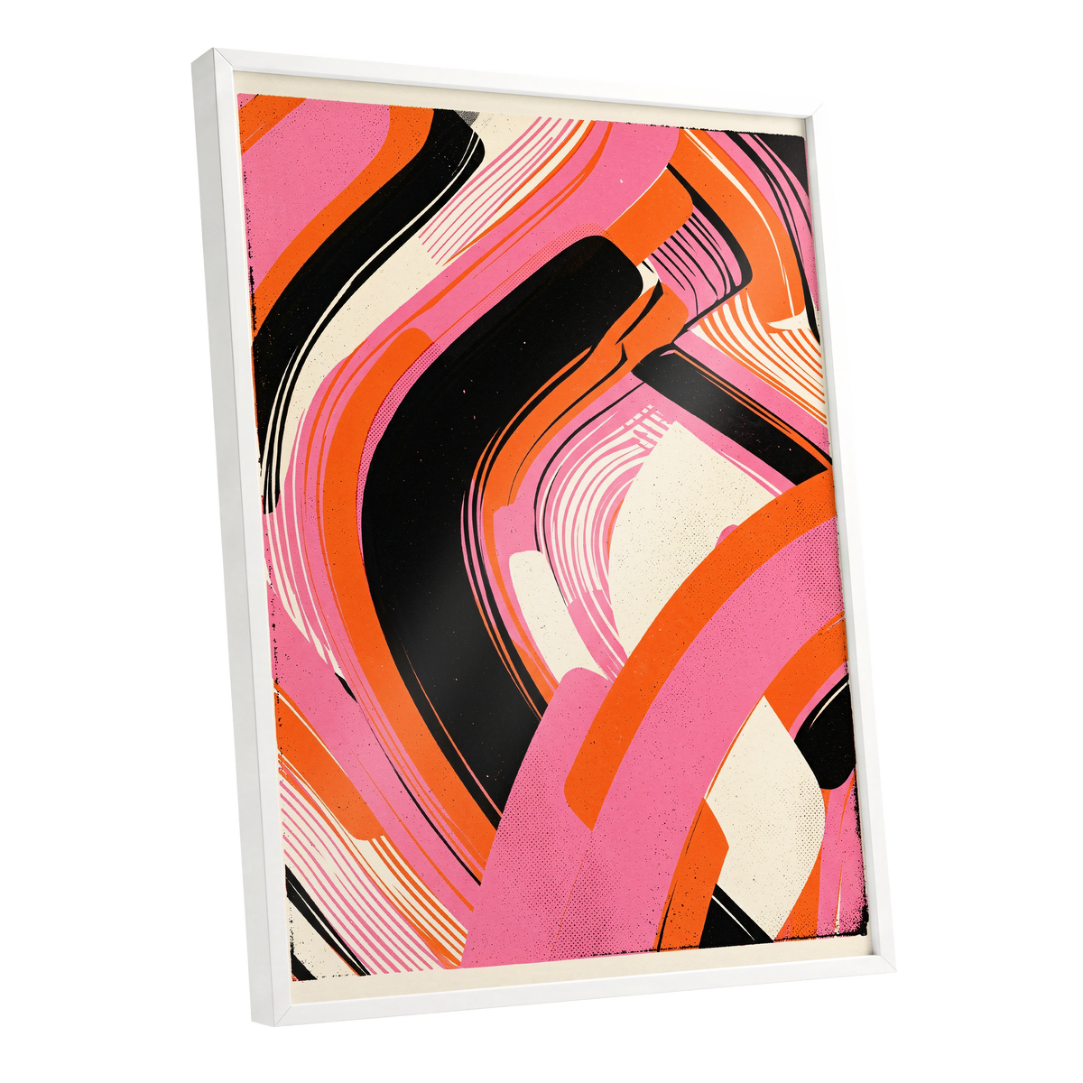 Ribbon Rush, pink, orange, black abstract wall art shown as a white framed poster wall art print