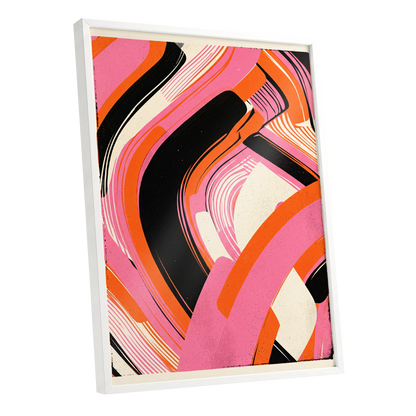 Ribbon Rush, pink, orange, black abstract wall art shown as a white framed poster wall art print