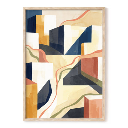 Ribboned Cityforms, blue, beige, gold abstract wall art, front artwork view