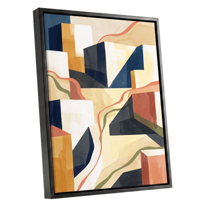 Ribboned Cityforms, blue, beige, gold abstract wall art shown as a black framed canvas wall art